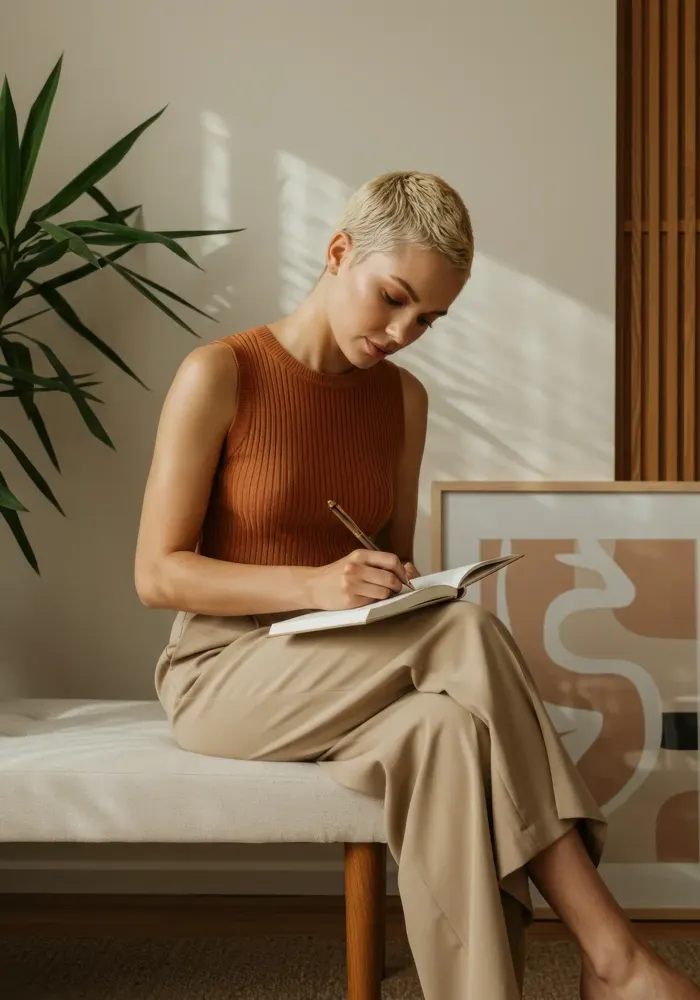 A woman writing in a journal in a calm, sunlit room