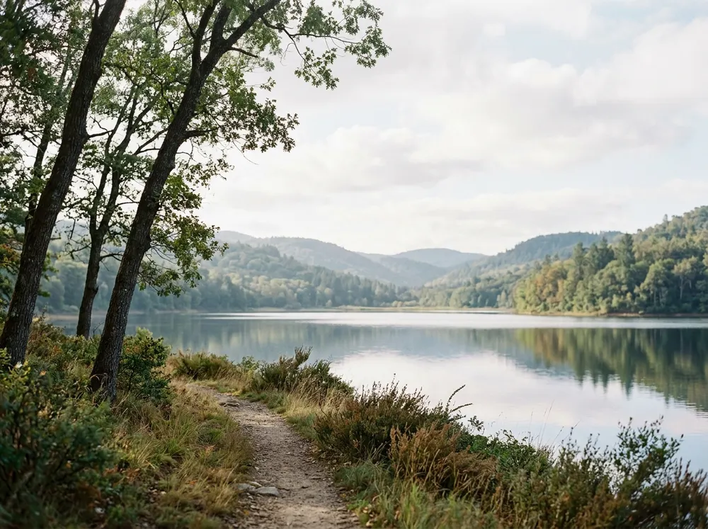 A quiet lake path at the edge of a forest
